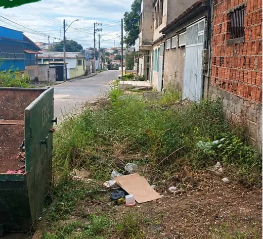 Entrada lateral de casa em Cariacica tomada por mato e lixo antes da capina